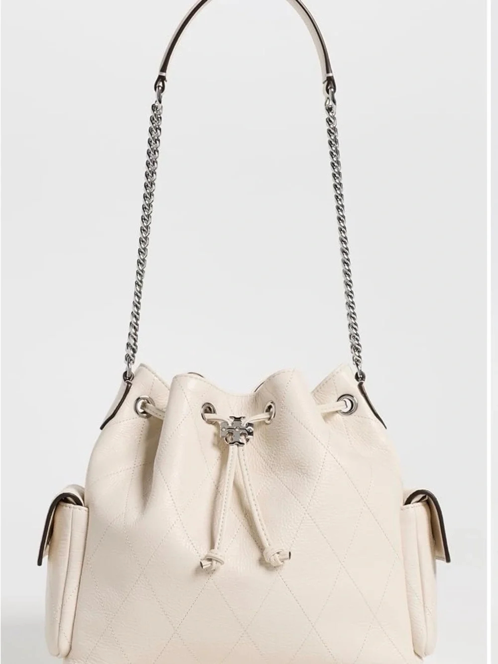Tory Burch Ivory Quilted Leather Drawstring Satchel with Chain Strap